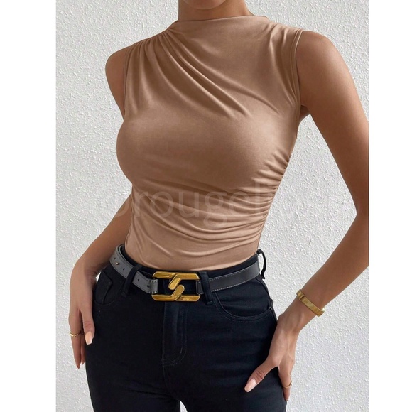 Ruched Khaki Asymmetrical Sleeveless Shirt Top Stretchy - Picture 3 of 8